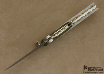 Larry Fuegen Custom Knife 14Kt Gold Framed Fluted Mother of Pearl Shell & Fluted Sole Authorship Damascus Lockback - Image 6