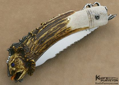 Larry Fuegen Custom Knife Hand Forged 5160 Carbon Steel & Carved Crown Stag Goblin Friction Folder - Image 3