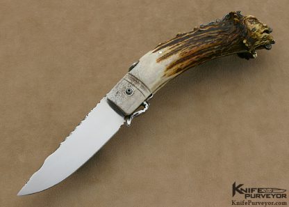 Larry Fuegen Custom Knife Hand Forged 5160 Carbon Steel & Carved Crown Stag Goblin Friction Folder