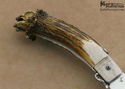 Larry Fuegen Custom Knife Hand Forged 5160 Carbon Steel & Carved Crown Stag Goblin Friction Folder - Image 6