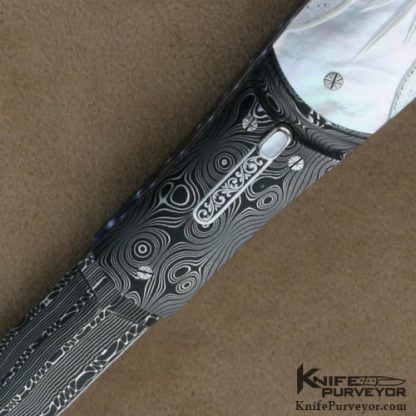 Larry Newton Custom Knives Fluted Mother of Pearl and Damascus Linerlock Automatic - Image 2