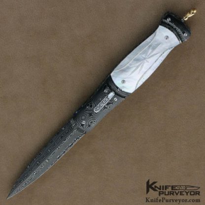 Larry Newton Custom Knives Fluted Mother of Pearl and Damascus Linerlock Automatic