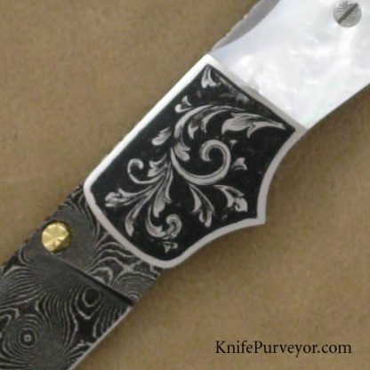 Larry Newton Custom Knife Sculpted Mother of Pearl & Damascus Lockback Folder Engraved by Jody Muller - Image 2