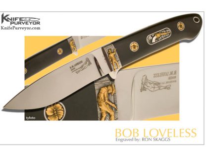 Bob Loveless Custom Knife Rag Micarta Drop Point Hunter with Double Nude Logo and Escutcheon Engraved by Ron Skaggs with Sculpted Built Up 24Kt Gold