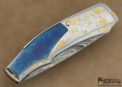 Marcello Garau Custom Knife Damascus & Blued Meteorite Lockback Engraved by Jim Small - Image 3