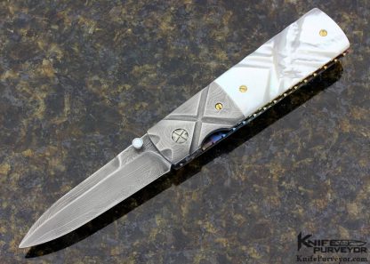 Mel Pardue Custom Knife Fluted Mother of Pearl Shell & Damascus Liner Lock