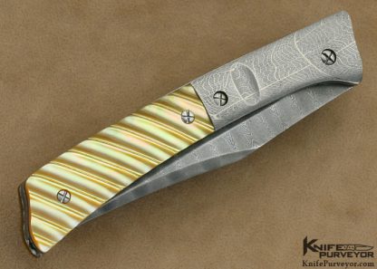 Mel Pardue Custom Knife Damascus & Fluted South Sea Gold Lip Pearl Shell Automatic Linerlock - Image 3