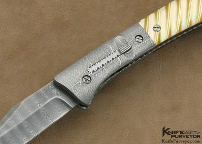 Mel Pardue Custom Knife Damascus & Fluted South Sea Gold Lip Pearl Shell Automatic Linerlock - Image 2