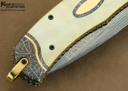 Matthew Lerch Custom Knife South Sea Gold Lip Pearl & Blued Robert Eggerling Mosaic Damascus Double Action Automatic Linerlock - Image 5