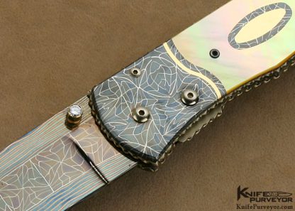 Matthew Lerch Custom Knife South Sea Gold Lip Pearl & Blued Robert Eggerling Mosaic Damascus Double Action Automatic Linerlock - Image 2