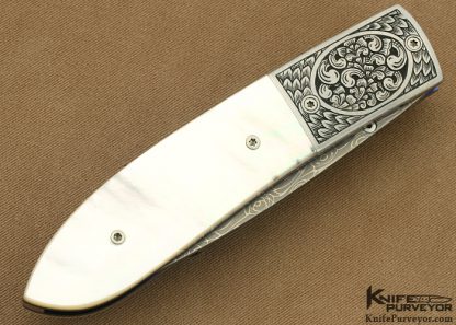 Michael J. Smith Custom Knife Devin Thomas damascus & Mother of Pearl Shell Linerlock Engraved by Bruce Shaw - Image 3