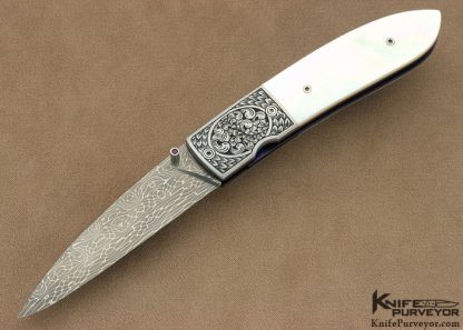 Michael J. Smith Custom Knife Devin Thomas damascus & Mother of Pearl Shell Linerlock Engraved by Bruce Shaw