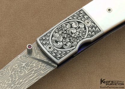 Michael J. Smith Custom Knife Devin Thomas damascus & Mother of Pearl Shell Linerlock Engraved by Bruce Shaw - Image 2