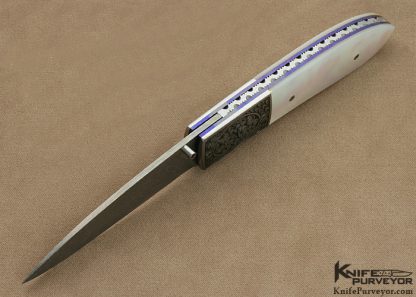 Michael J. Smith Custom Knife Devin Thomas damascus & Mother of Pearl Shell Linerlock Engraved by Bruce Shaw - Image 4