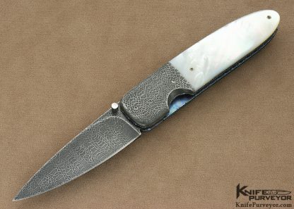 Unsigned Custom Knife Mother of Pearl Shell & Devin Thomas "Spirograph" Damascus Linerlock