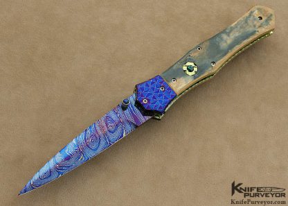 Nate Clark Custom Knife Blued Damascus Mammoth Ivory D/A Automatic Linerlock