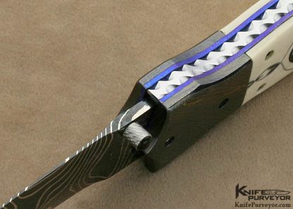 Nate Clark Custom Knife Blued Damascus Button Release Mammoth Ivory Linerlock Dagger Scrimmed by Ron Luebke Jr. - Image 6