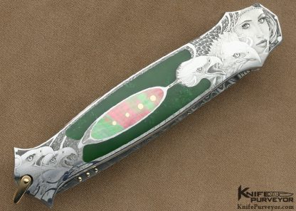 Warren Osborne Custom Knife Chreen Chrome Jade & Black Lip Pearl Shell Interfame Lockback Dagger Engraved by Manrico Torcoli - Image 4