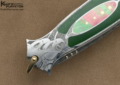 Warren Osborne Custom Knife Chreen Chrome Jade & Black Lip Pearl Shell Interfame Lockback Dagger Engraved by Manrico Torcoli - Image 6