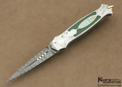 Warren Osborne Custom Knife Chreen Chrome Jade & Black Lip Pearl Shell Interfame Lockback Dagger Engraved by Manrico Torcoli