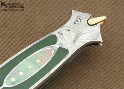 Warren Osborne Custom Knife Chreen Chrome Jade & Black Lip Pearl Shell Interfame Lockback Dagger Engraved by Manrico Torcoli - Image 3