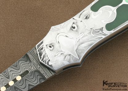 Warren Osborne Custom Knife Chreen Chrome Jade & Black Lip Pearl Shell Interfame Lockback Dagger Engraved by Manrico Torcoli - Image 2