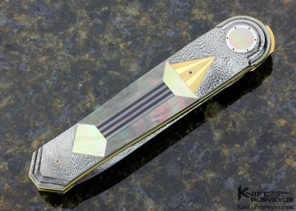 Owen Wood Custom Knife Art Deco Black Lip Tahitian Pearl Linerlock Dole Authorship Chevron Damascus Dagger - Image 3