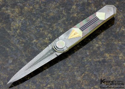 Owen Wood Custom Knife Art Deco Black Lip Tahitian Pearl Linerlock Dole Authorship Chevron Damascus Dagger