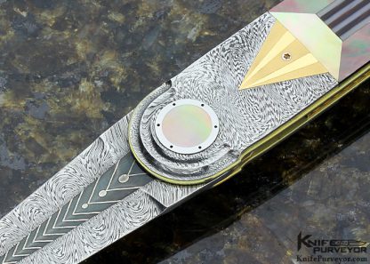 Owen Wood Custom Knife Art Deco Black Lip Tahitian Pearl Linerlock Dole Authorship Chevron Damascus Dagger - Image 2