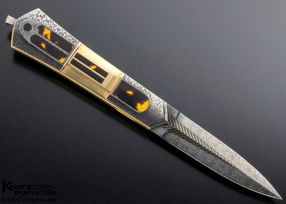 Owen Wood Custom Knife Amber Sole Authorship "Chevron & Explosion" Damascus with Amber & 14Kt Rose Gold Inlaid "Cathedral Dagger" Linerlock - Image 3