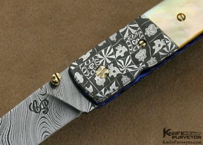 Cliff Parker Custom Knife South Sea Goldlip Pearl Shell & Sole Authorship "Tweety Bird & Sylvester" Mosaic Damascus Linerlock - Image 2