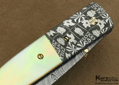 Cliff Parker Custom Knife South Sea Goldlip Pearl Shell & Sole Authorship "Tweety Bird & Sylvester" Mosaic Damascus Linerlock - Image 4