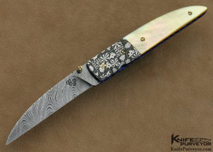 Cliff Parker Custom Knife South Sea Goldlip Pearl Shell & Sole Authorship "Tweety Bird & Sylvester" Mosaic Damascus Linerlock