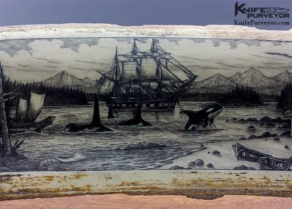 Peter Kinney Scrimshawed Mammoth Tusk Outer Bark with Orca Pod and Whaler Ship Accented with Traditional Inuit Art - Image 4