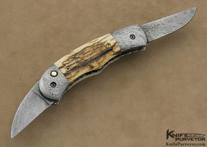 Phil Booth Custom Knife Mammoth Ivory & Damascus Double Blade Button Release 1/11/12