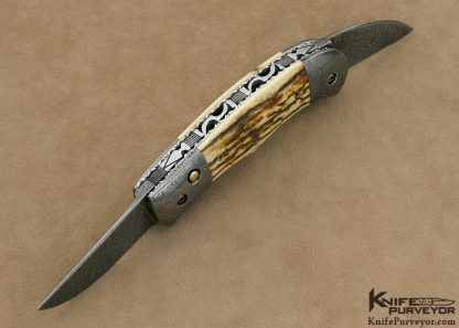 Phil Booth Custom Knife Mammoth Ivory & Damascus Double Blade Button Release 1/11/12 - Image 4