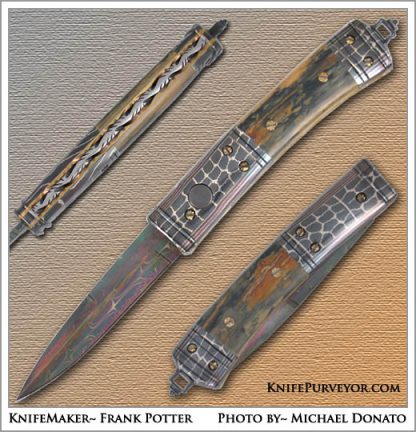 Frank Potter's Custom Knife: Mammoth Ivory and Robert Eggerling Damascus "Japanese Tea House" Automatic Linerlock