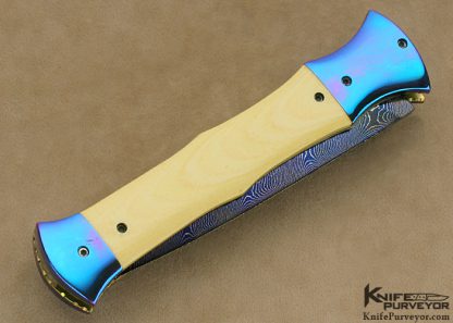 Rainy Vallotton Custom Knife Blued Damascus, Anodized Titanium & Ivory Micarta D/A Auto Dagger Linerlock - Image 3