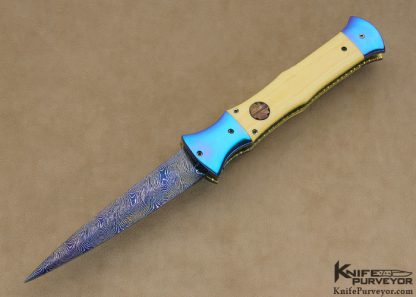 Rainy Vallotton Custom Knife Blued Damascus, Anodized Titanium & Ivory Micarta D/A Auto Dagger Linerlock