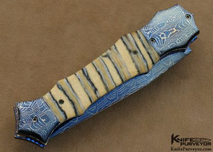 Rainy Vallotton Custom Knife Mammoth Molar & Blued Chad Nichols Mosaic Damascus "Hell Razor" Double Action Automatic Linerlock - Image 3