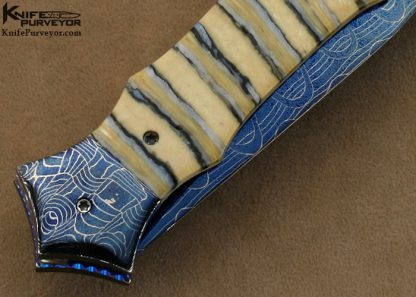 Rainy Vallotton Custom Knife Mammoth Molar & Blued Chad Nichols Mosaic Damascus "Hell Razor" Double Action Automatic Linerlock - Image 4