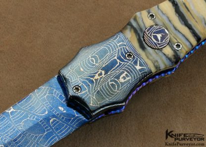 Rainy Vallotton Custom Knife Mammoth Molar & Blued Chad Nichols Mosaic Damascus "Hell Razor" Double Action Automatic Linerlock - Image 2