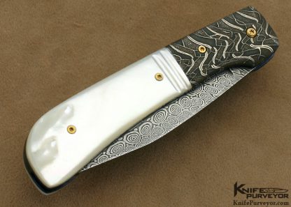 R.B. Johnson Custom Knife Mother of Pearl Shell & Damascus Lever Release - Image 3