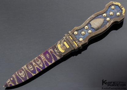 Rick Eaton Custom Knife Sole Authorship Blued Damascus with 24Kt Gold Inlays, Bradford Folder #1