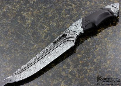 Roger Bergh Custom Knife 2017 AKI Carved Random Sole Authorship Damascus Fighter with African Blackwood 8103