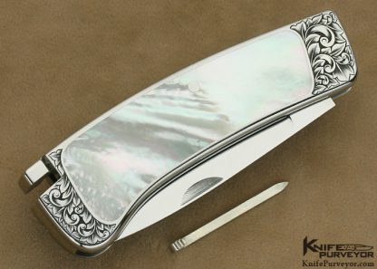 Ron Lake Custom Knife Engraved by Michael Collins Mother of Pearl Interframe with Silver Toothpick Tail Lock - Image 3