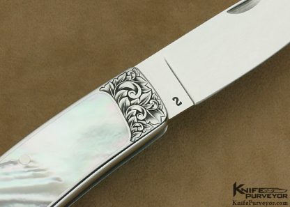 Ron Lake Custom Knife Engraved by Michael Collins Mother of Pearl Interframe with Silver Toothpick Tail Lock - Image 4