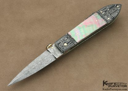 Jim Schmidt Custom Knife Sole Authorship Damascus & Black Lip Tahitian Pearl Shell Lockback Dagger #2 "Hand Candy" made in 1994