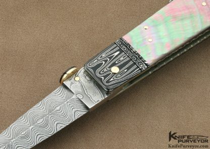 Jim Schmidt Custom Knife Sole Authorship Damascus & Black Lip Tahitian Pearl Shell Lockback Dagger #2 "Hand Candy" made in 1994 - Image 2