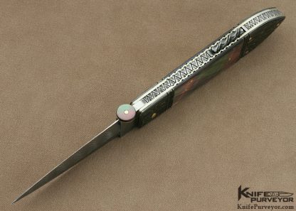 Jim Schmidt Custom Knife Sole Authorship Damascus & Black Lip Tahitian Pearl Shell Lockback Dagger #2 "Hand Candy" made in 1994 - Image 4